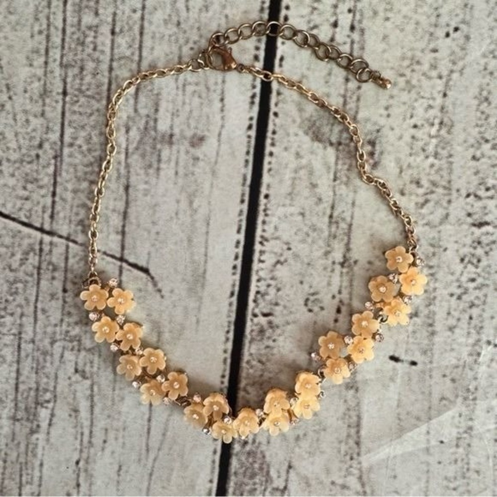 Gold Tone Peach Floral Rhinestone Bib Necklace Adjustable Chain 19"